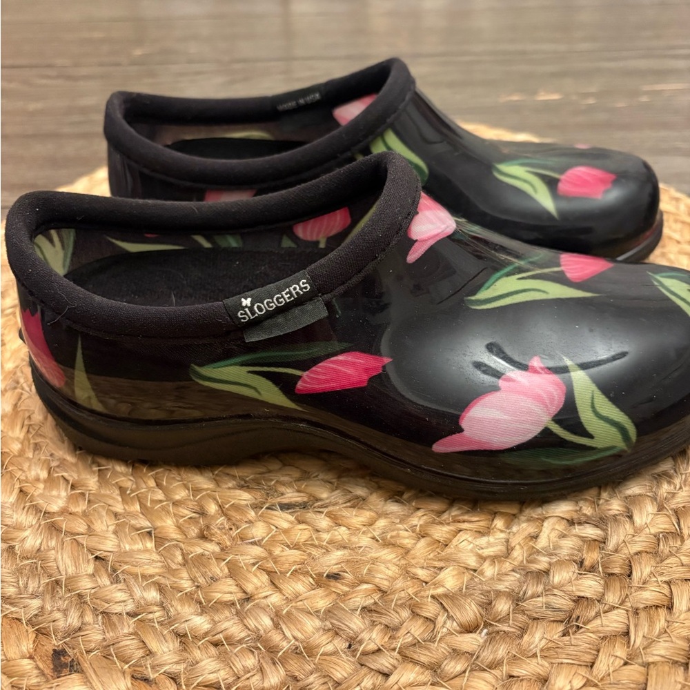 Sloggers Women's Black Mules with Pink Floral Design size 6 - Picture 7 of 8
